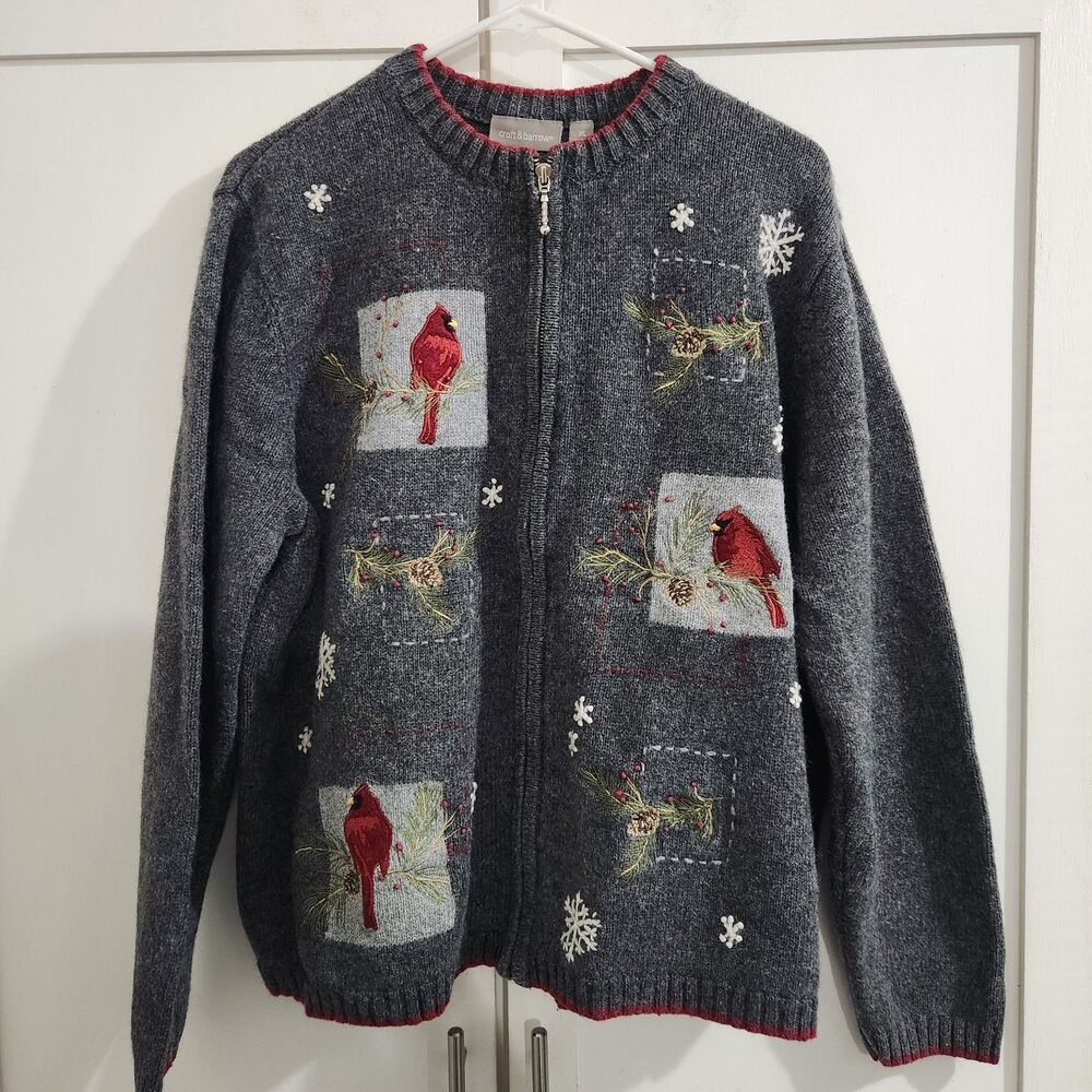 Croft & Barrow Sweater Womens XL Gray Zip Front Wool Angora Cardinals Snowflakes